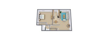A 3D floor plan of a house with a living room, kitchen, and two bedrooms.