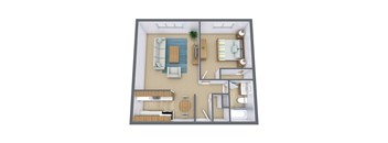 A 3D floor plan of a small apartment with a living room, kitchen, and bathroom.