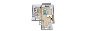 A 3D floor plan of a house with a living room, kitchen, and two bedrooms.