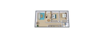 A 3D floor plan of a house with a kitchen, living room, and bathroom.