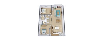 A 3D floor plan of a house with multiple rooms and furniture.