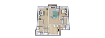 A 3D floor plan of a house with multiple rooms and furniture.