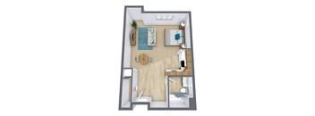 a stylized floor plan of a small apartment with a bedroom and living room