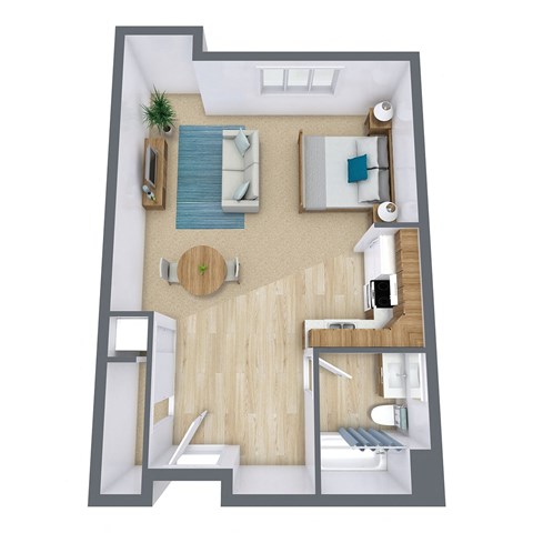 a stylized floor plan of a small apartment with a bedroom and living room