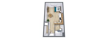 a floor plan of a small apartment with a bedroom and a bathroom