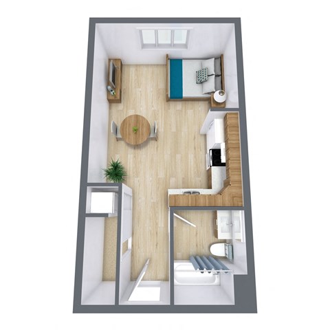 a floor plan of a small apartment with a bedroom and a bathroom