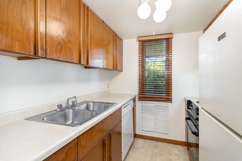 a kitchen with a sink and a refrigerator and wooden cabinets