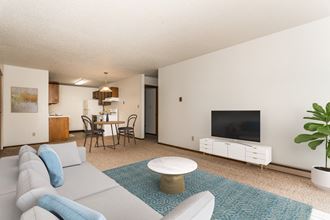 Grand Forks, ND Autumn Apartments. a living room with a white couch and a blue rug and a kitchen and diing room in the background. - Photo Gallery 2