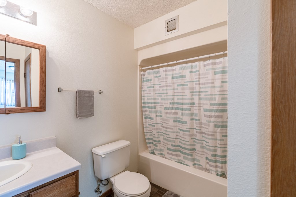 a bathroom with a shower and a toilet and a sink. Grand Forks, ND Chandler 1866 Apartments