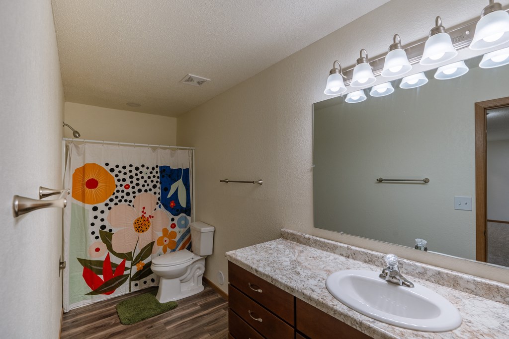 Grand Forks, ND Grandview Apartments. A bathroom with a sink, toilet, and bathtub
