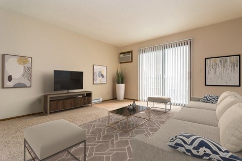 Grand Forks, ND Ridgemont Apartments. a living room with beige walls and a large glass slidng door