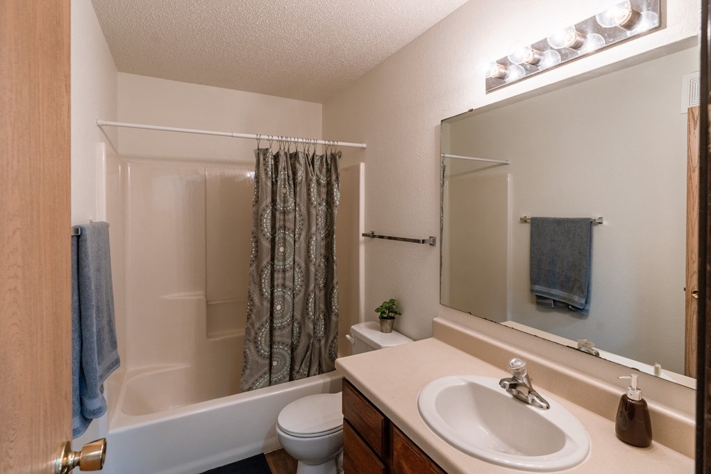 Grand Forks, ND Southview III Apartments. A bathroom with a sink and a shower and a toilet