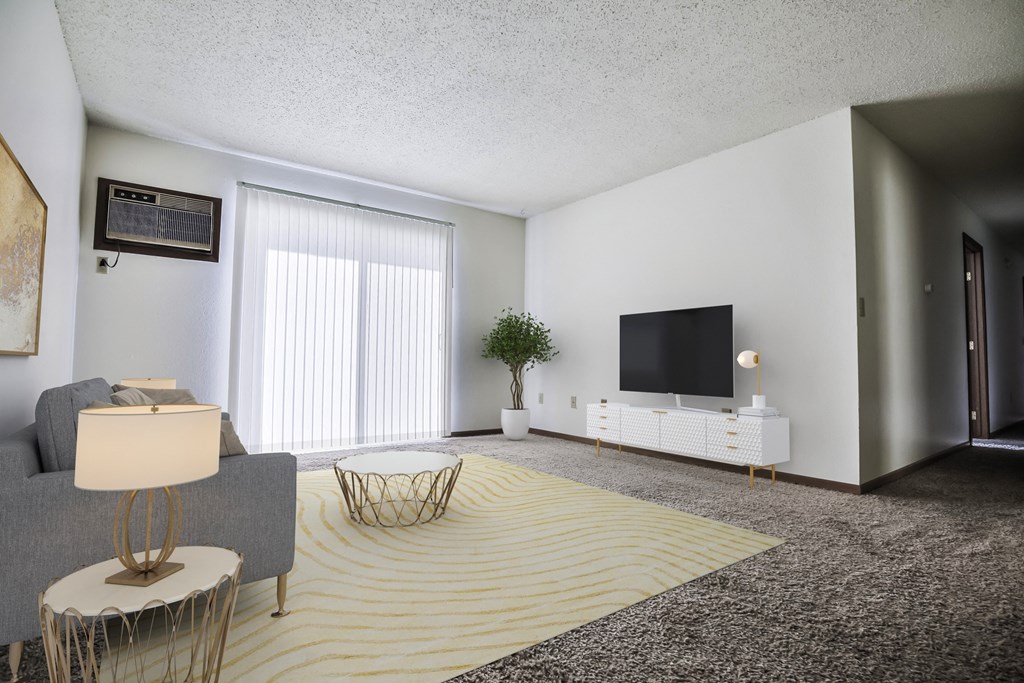 Grand Forks, ND Sunview apartments. a living room with a large yellow rug and a flatscreen tv