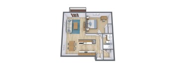 A 3D floor plan of a house with a kitchen, living room, and bathroom.