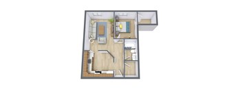 A 3D floor plan of a small apartment with a kitchen, living room, and bathroom.