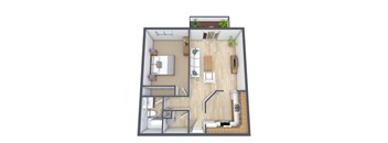 A 3D floor plan of a small apartment with a kitchen, living room, and bathroom.