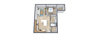 A 3D floor plan of a small apartment with a kitchen, living room, and bedroom.