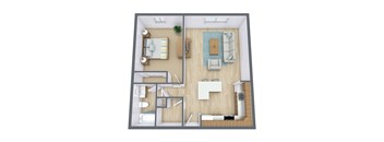A top down view of a living room, kitchen and dining area.