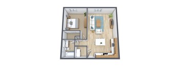 A 3D floor plan of a small apartment with a kitchen, living room, and bedroom.