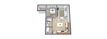 A top-down view of a modern apartment layout with a kitchen, living room, and bedroom.