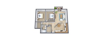 A 3D floor plan of a small apartment with a kitchen, living room, and bathroom.