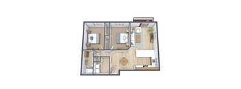 A 3D floor plan of a small apartment with two bedrooms and a living area.