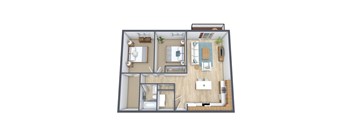 A 3D floor plan of a small apartment with a kitchen, living room, and bedroom.