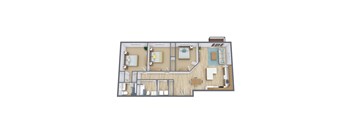 A 3D floor plan of a house with a kitchen, living room, and bedrooms.