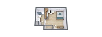 A top down view of a bedroom with a bed, nightstand, and a desk.