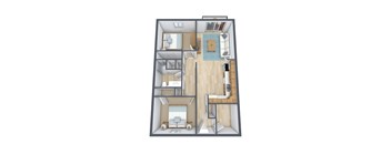 A 3D floor plan of a small apartment with a kitchen, living room, and two bedrooms.