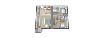 A floor plan of a two-story apartment with a living room, kitchen, and bedrooms.