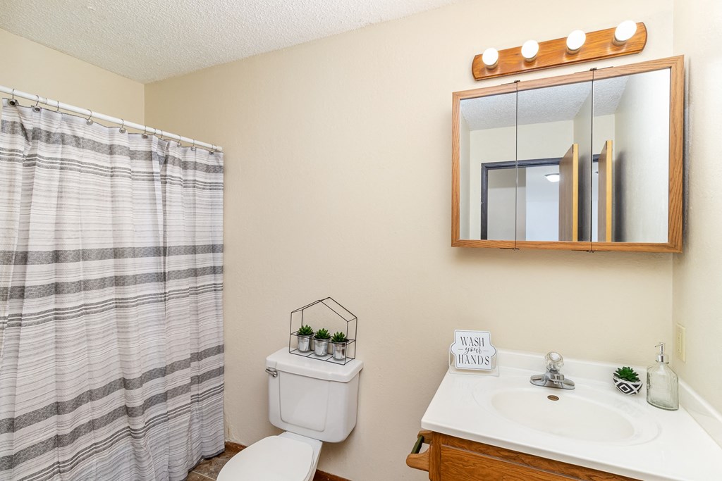 a bathroom with a toilet sink and mirror and a shower. Hutchinson, MN Echo Manor Apartments