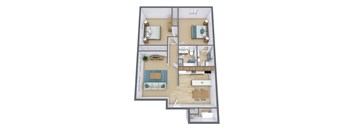 A top down view of a house with a living room, dining room, kitchen, and two bedrooms.