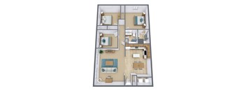 A 3D floor plan of a house with a kitchen, living room, and two bedrooms.