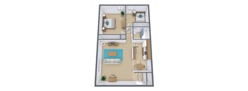 A 3D floor plan of a house with a pool.