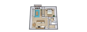 A 3D floor plan of a small apartment with a kitchen, living room, and bedroom.