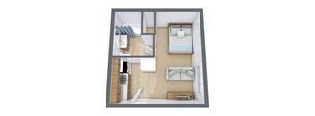 A 3D rendered image of a small apartment layout.