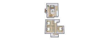 A floor plan of a two-bedroom apartment with a living room and kitchen.