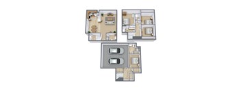 A floor plan of a house with two bedrooms, two bathrooms, a living room, a kitchen, and a garage.