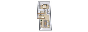 A top-down view of a small apartment with a bedroom, living room, and kitchen.