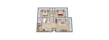 A 3D floor plan of a house with a living room, kitchen, and two bedrooms.