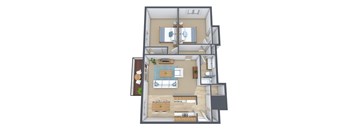 A 3D floor plan of a house with a kitchen, living room, and bedrooms.