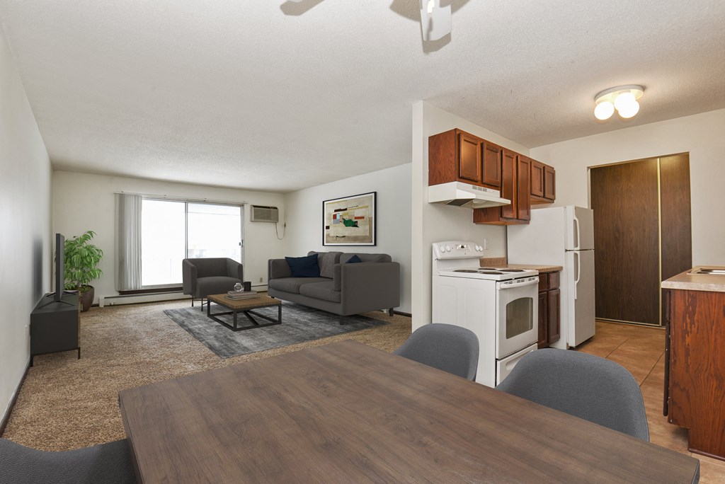 Sage Park Apartments in New Brighton, MN | living room and kitchen area 