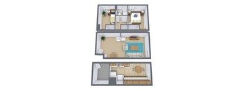 A set of three images showing different layouts of a room with a bed, a desk, and a couch.