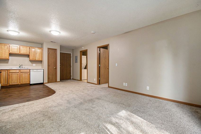 Omaha, NE Deerfield Apartments | Living Omaha, NE Deerfield Apartments. A spacious living room with a kitchen in the background - Photo Gallery