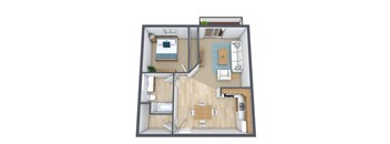 A 3D floor plan of a small apartment with a bedroom, living room, kitchen, and bathroom.