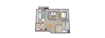 A 3D floor plan of a house with a living room, kitchen, dining room, and bedrooms.