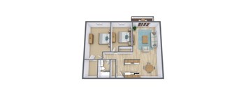 A 3D floor plan of a house with a kitchen, living room, and two bedrooms.