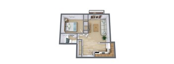 A 3D floor plan of a small apartment with a bedroom, living room, and kitchen.