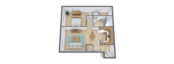 A 3D floor plan of a house with a living room, kitchen, and bathroom.